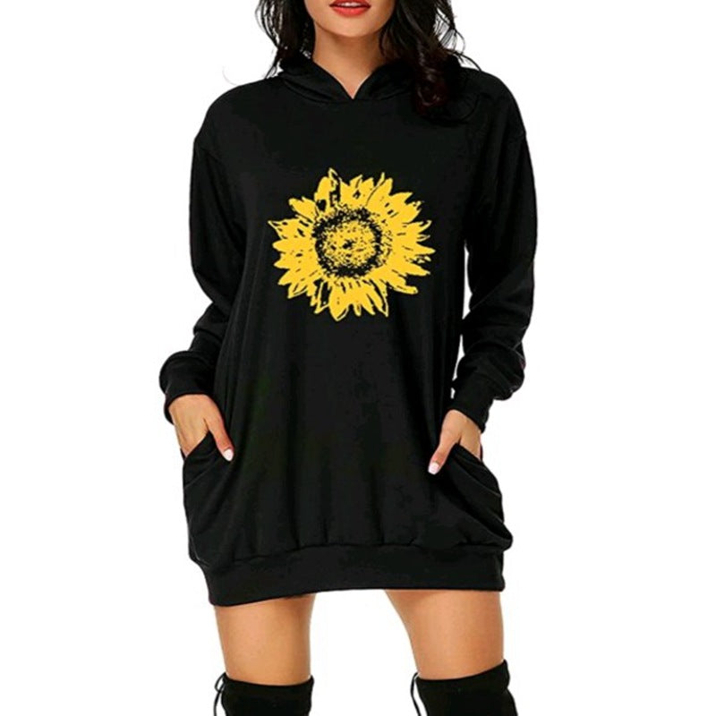 Printed mid-length pocket hooded