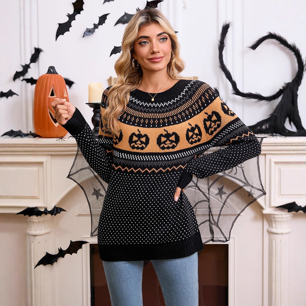 Pumpkin Embroidered Retro Long-sleeved Sweater