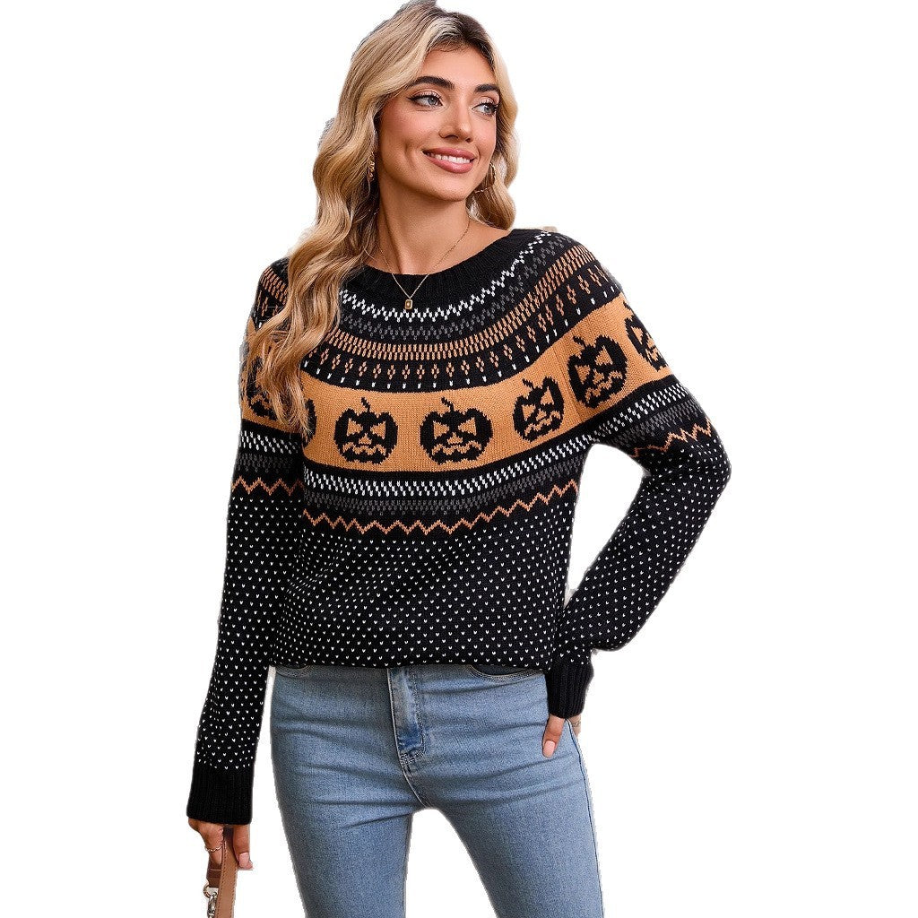 Pumpkin Embroidered Retro Long-sleeved Sweater