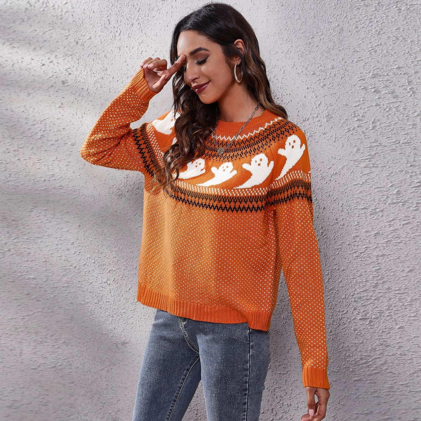 Cartoon Ghost Polka Dot Pullover Sweater