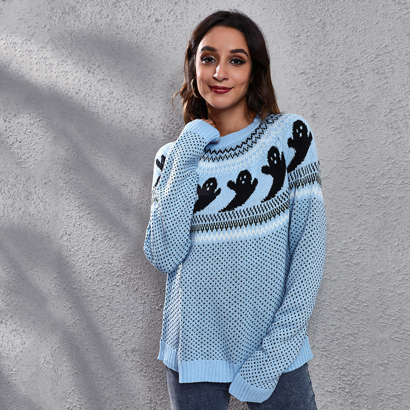 Cartoon Ghost Polka Dot Pullover Sweater
