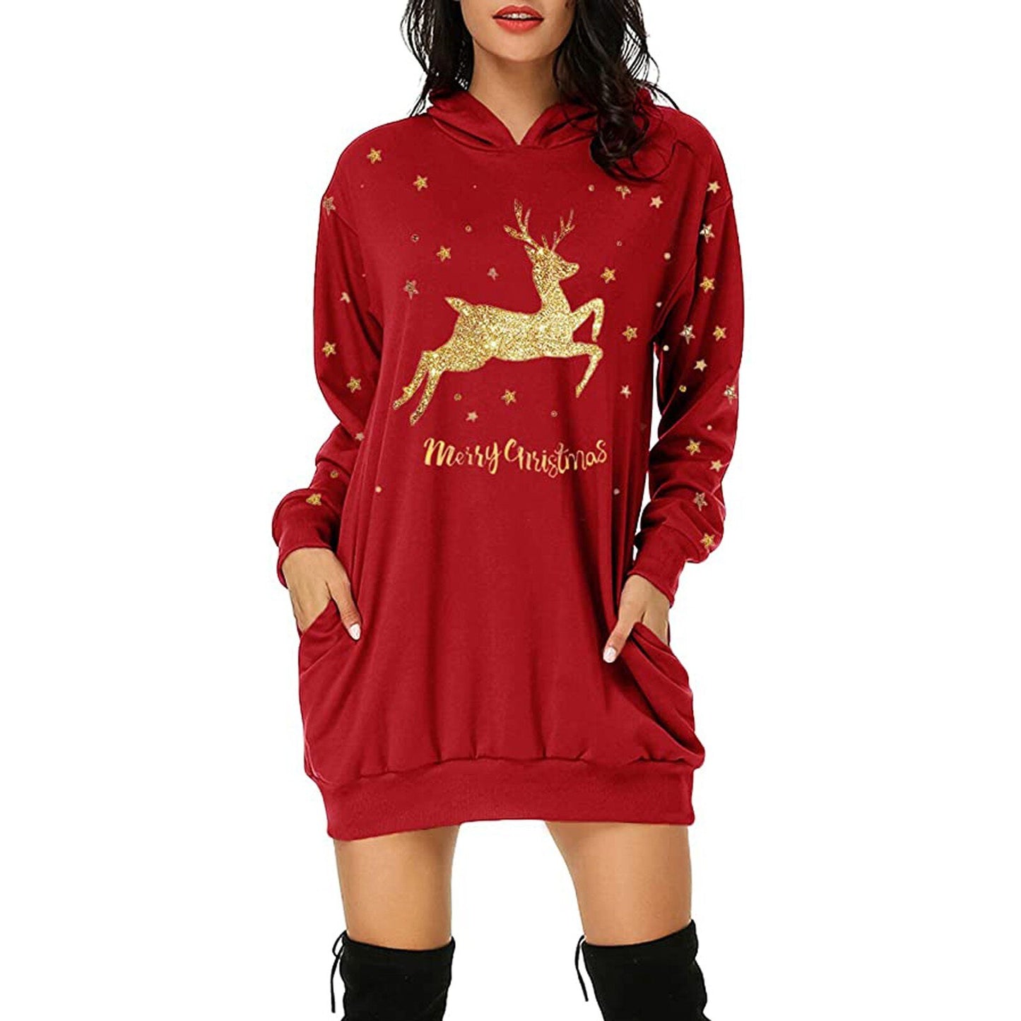 Printed mid-length pocket hooded