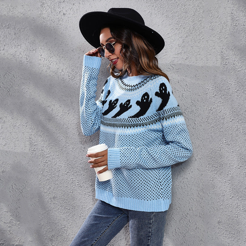 Cartoon Ghost Polka Dot Pullover Sweater