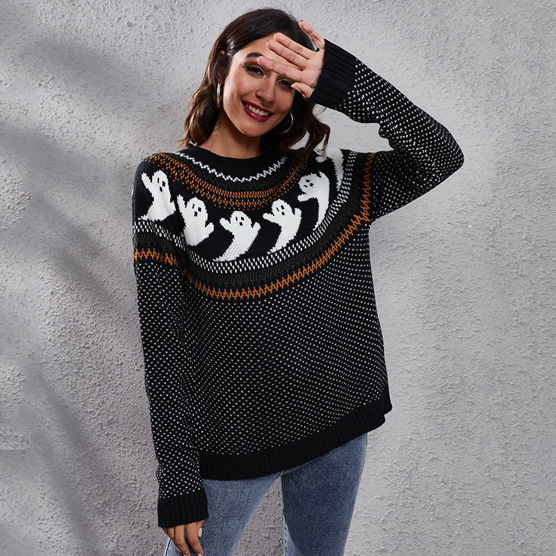 Cartoon Ghost Polka Dot Pullover Sweater