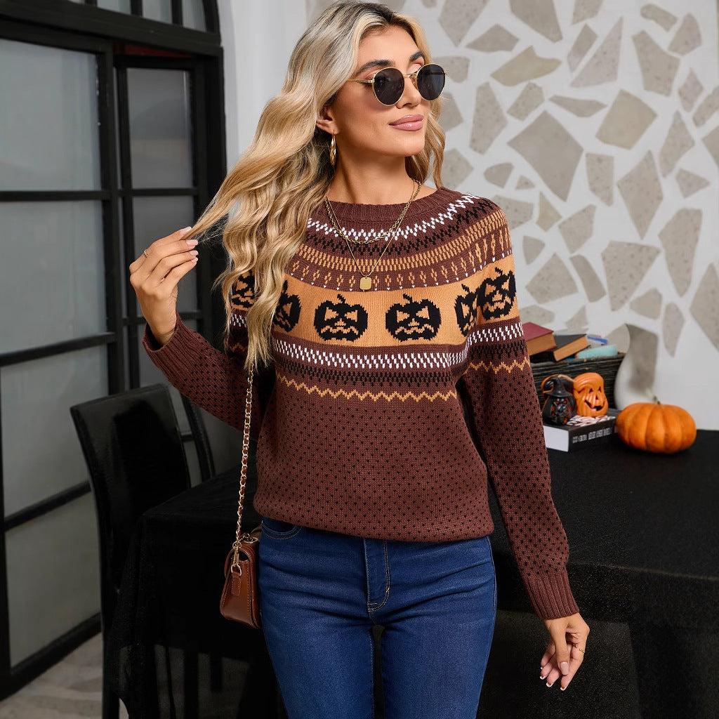 Pumpkin Embroidered Retro Long-sleeved Sweater