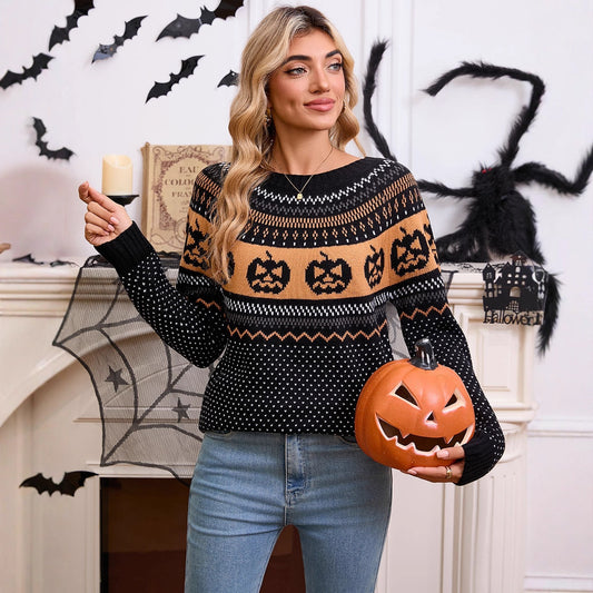 Pumpkin Embroidered Retro Long-sleeved Sweater