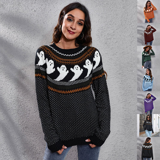 Cartoon Ghost Polka Dot Pullover Sweater
