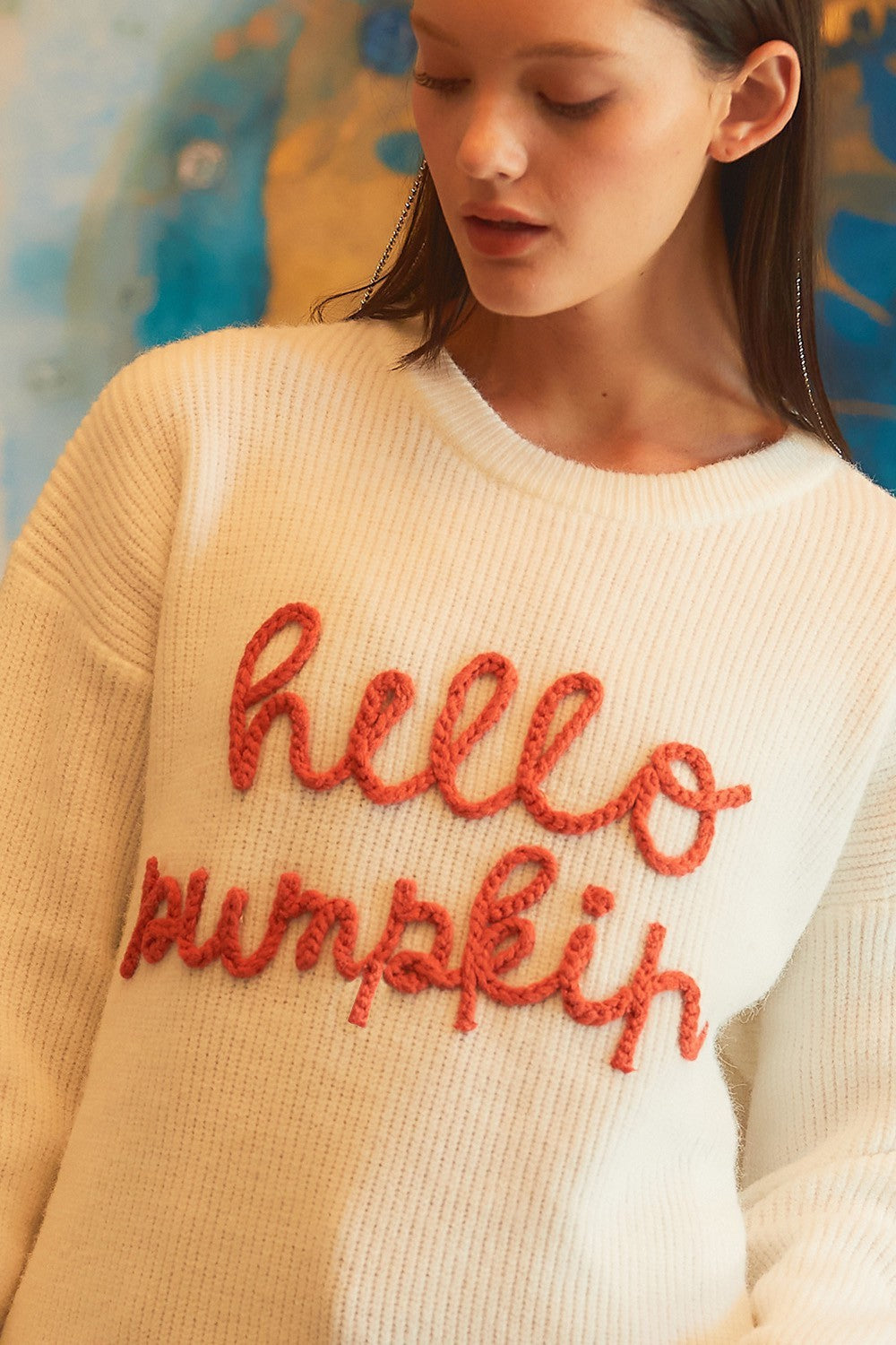 Hello Pumpkin Embroidery Crew Neck Pullover Sweater