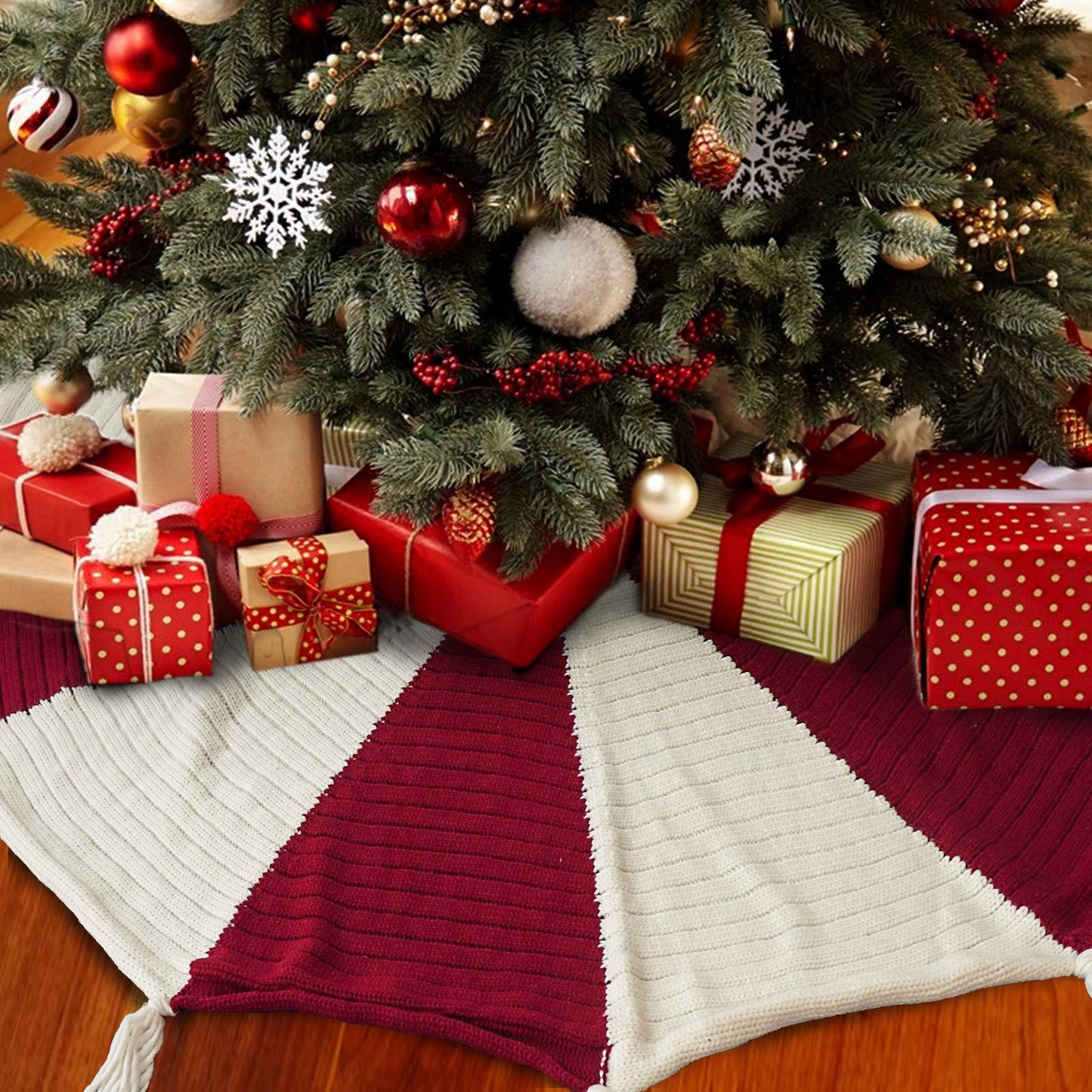 Red And White Tassel Knitted Christmas-tree Skirt