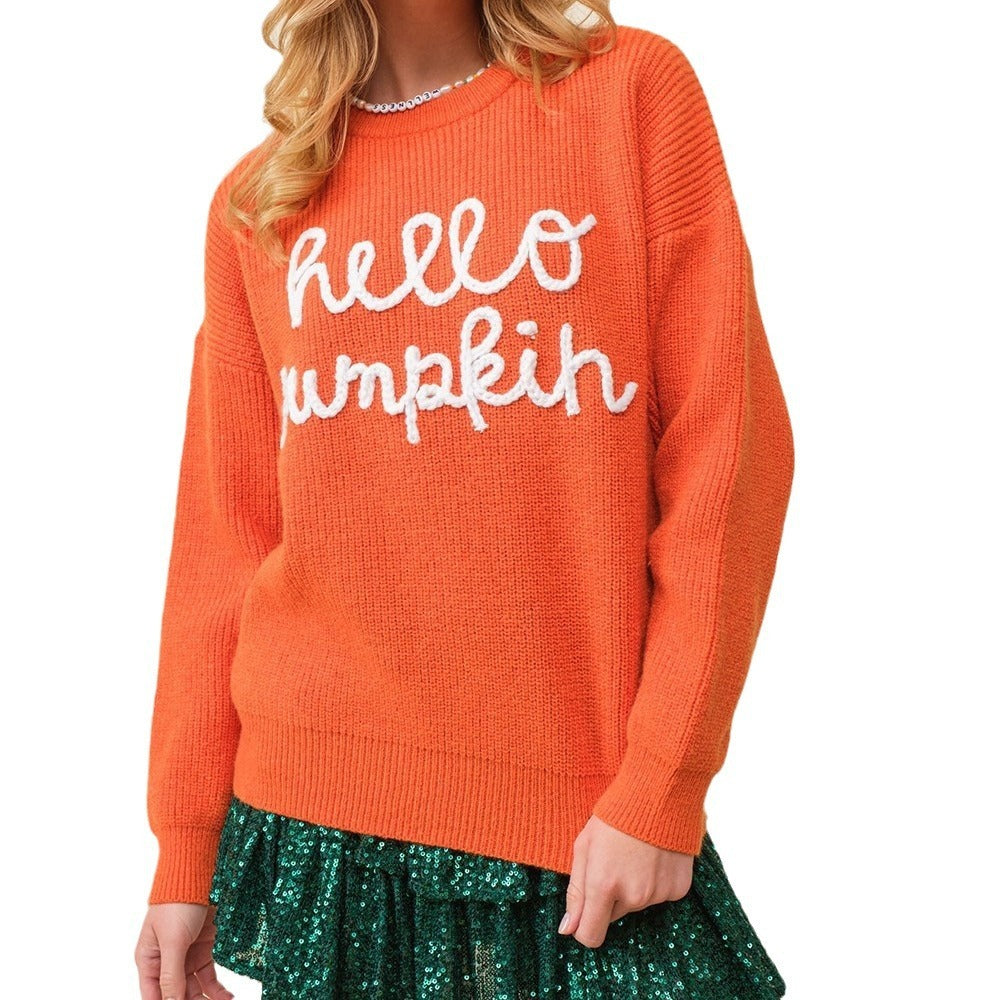 Hello Pumpkin Embroidery Crew Neck Pullover Sweater
