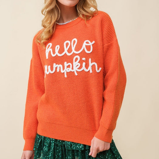 Hello Pumpkin Embroidery Crew Neck Pullover Sweater