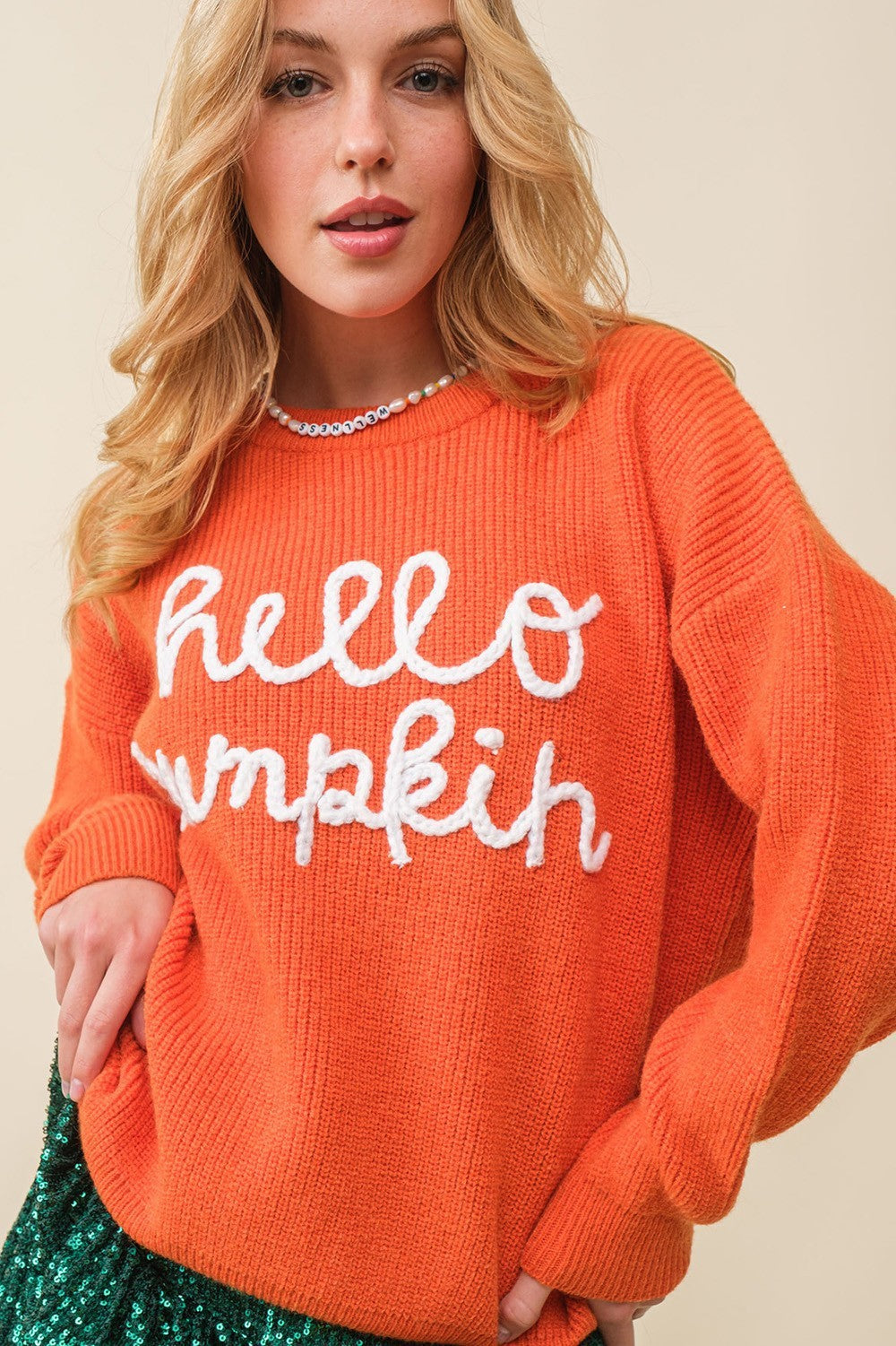 Hello Pumpkin Embroidery Crew Neck Pullover Sweater